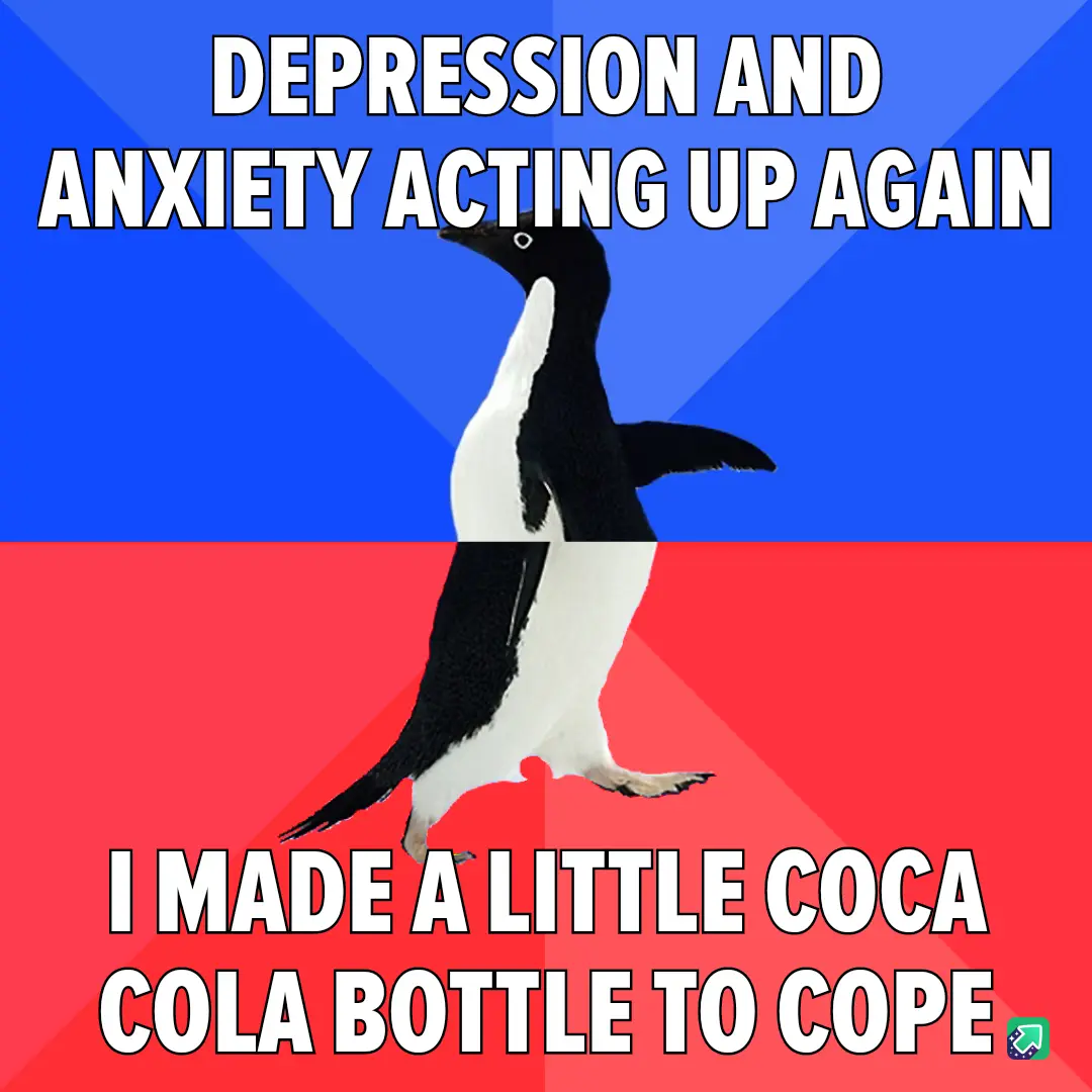 A black-and-white penguin stands centered against a split blue and red background. The top text reads 'DEPRESSION AND…