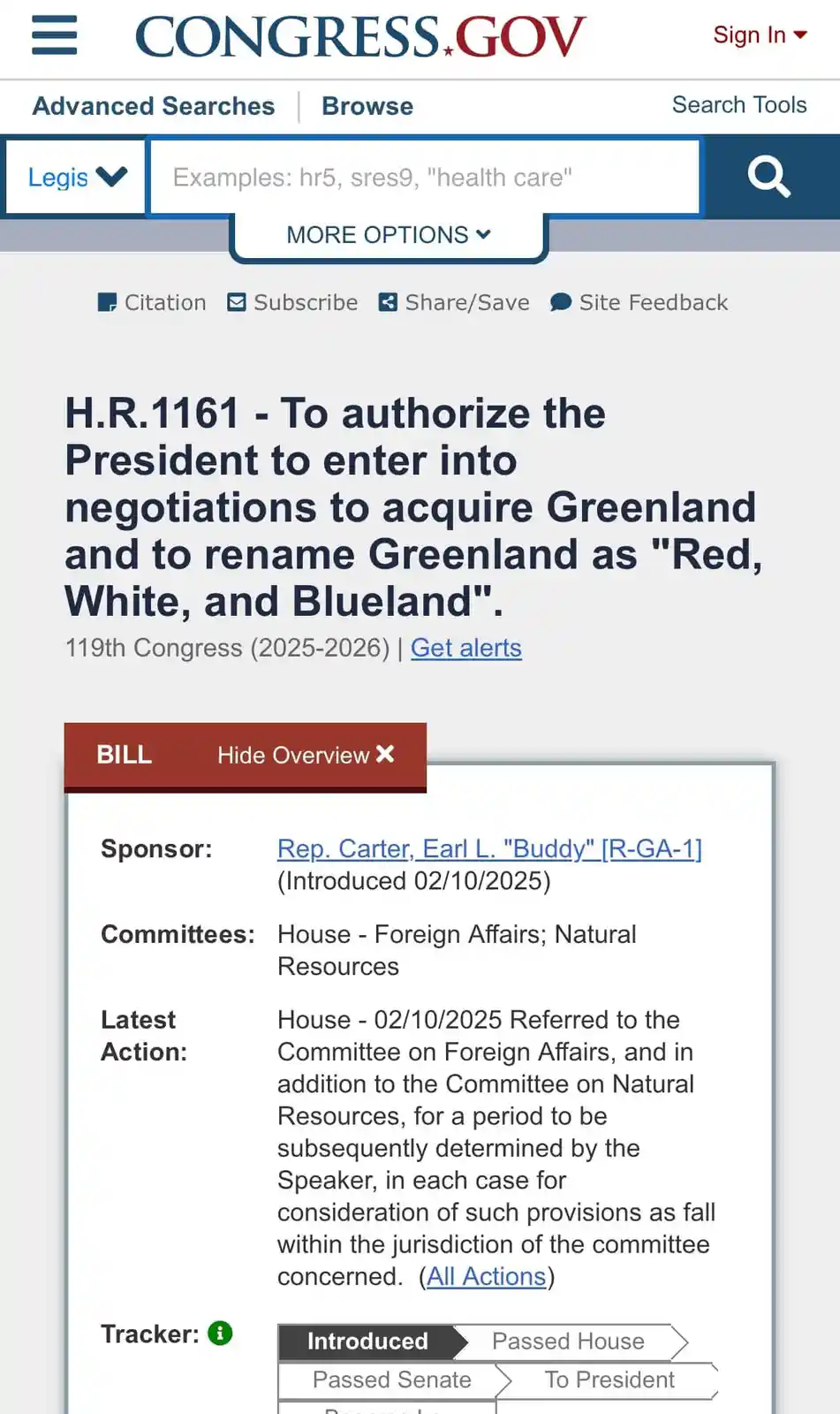 A screenshot of the congress.gov website showing bill H.R.1161, which humorously proposes to acquire Greenland and rename it…