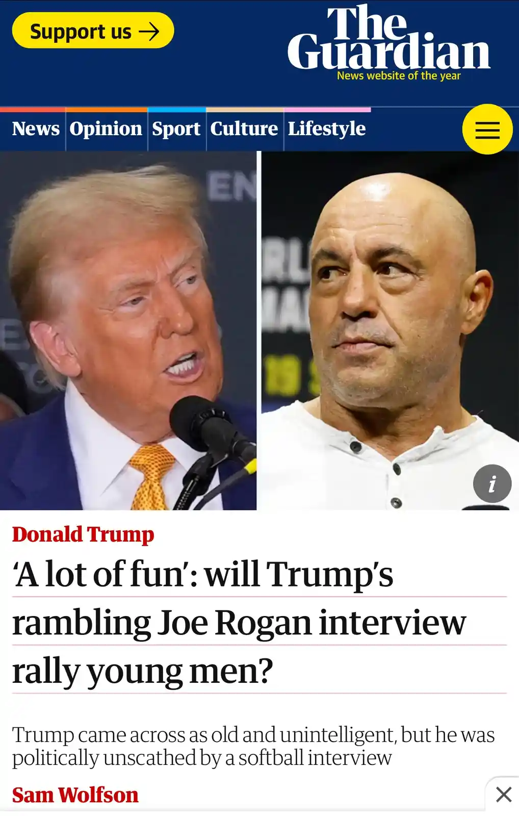 A screenshot of The Guardian's news article featuring side-by-side photos of Donald Trump speaking into a microphone and Joe…