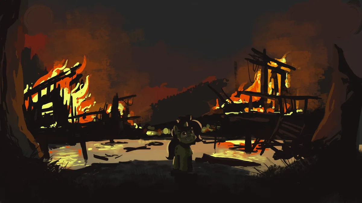 A cartoon pony with a green coat and black mane stands smiling in front of two burning wooden structures in a dark, fiery…