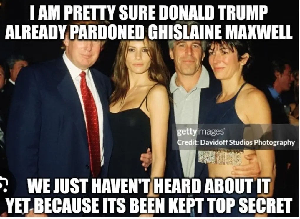 A group photo of Donald Trump, Ghislaine Maxwell, and two other people at an event. The image has large white text overlaid…