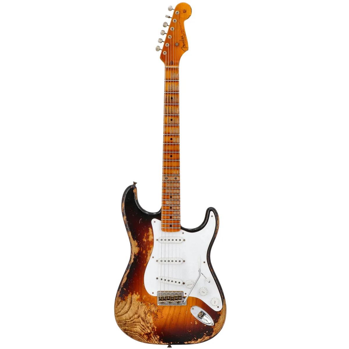a fender stratocaster electric guitar with a sunburst finish and visible wear and tear on the body and neck, set against a…