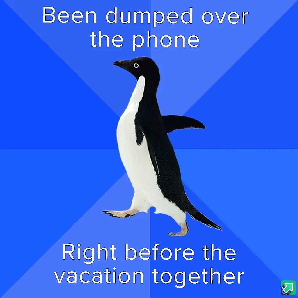 A black-and-white penguin stands against a blue geometric background, with white text above reading 'Been dumped over the…