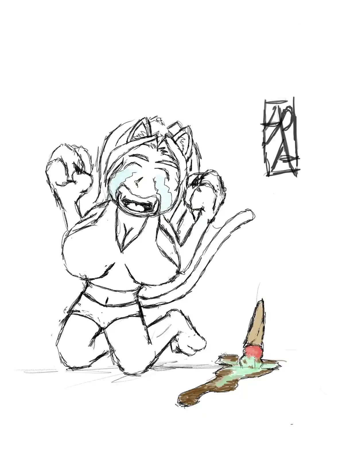 A crude sketch shows an anime-style character with cat ears and a tail kneeling on the floor, laughing hysterically with…