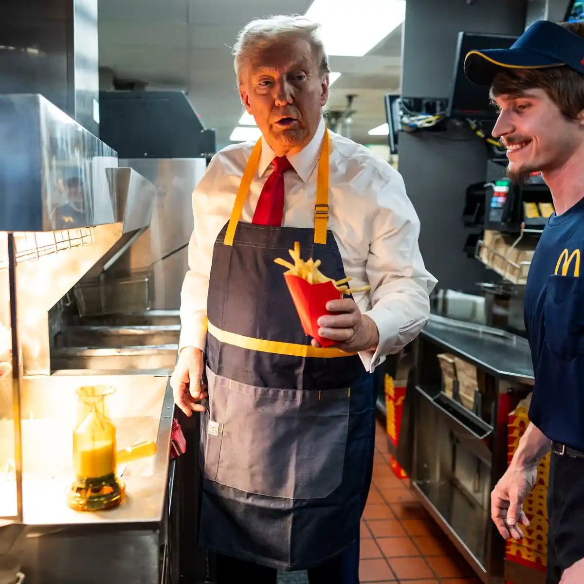 A man in a McDonald's uniform and apron holds a red box of french fries while looking surprised, standing next to another…