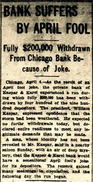 A vintage newspaper clipping from April 4, 1920, reports that the private bank of Kaspar & Karel in Chicago suffered a…
