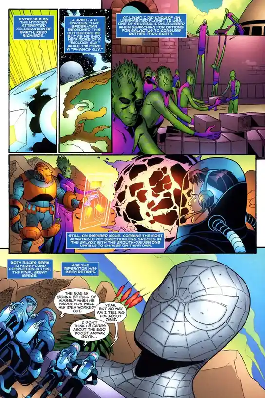 A comic book page showing Reed Richards reflecting on his failed attempt to colonize Earth, contrasting his 'physics guy'…