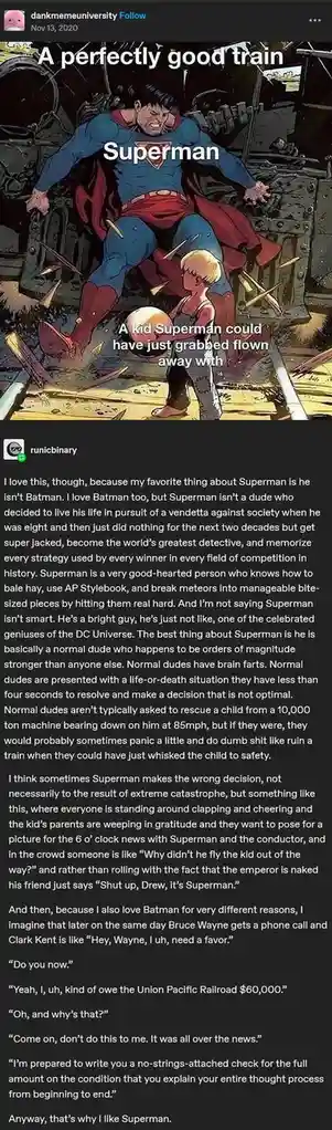 The image shows Superman in a comic book style, standing amidst wreckage from a train crash, with a small child holding a…