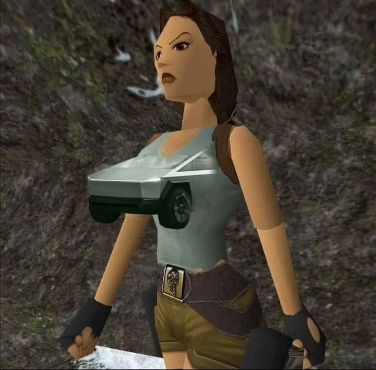 A 3D-rendered video game character, resembling Lara Croft, stands in a rocky outdoor setting with a small silver car model…
