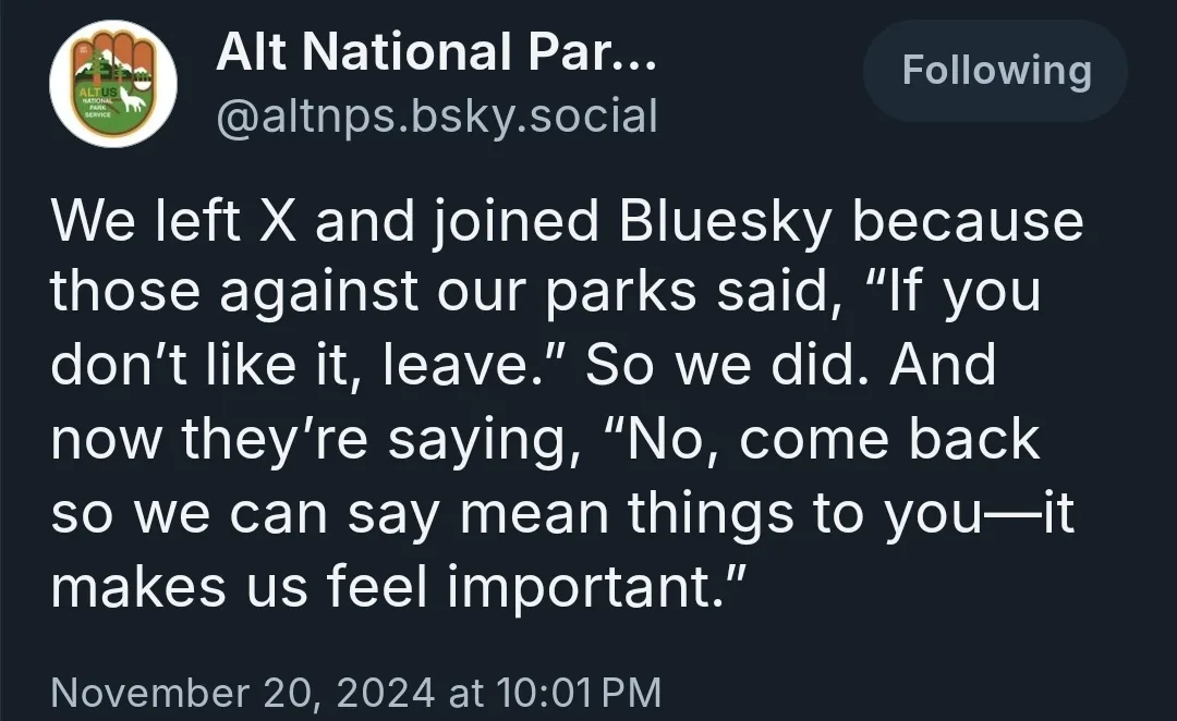 A screenshot of a Bluesky post from the account 'Alt National Par...' (@altnps.bsky.social) with a dark background and white…