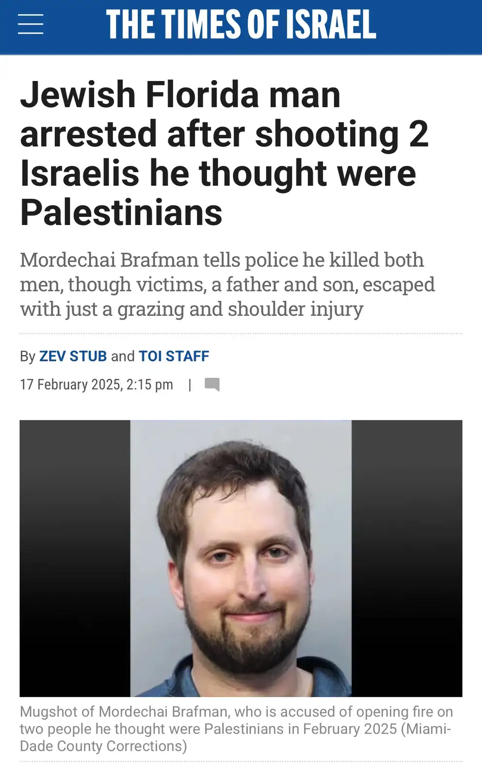 A screenshot of a news article from 'The Times of Israel' shows a mugshot of Mordechai Brafman below the headline. The…