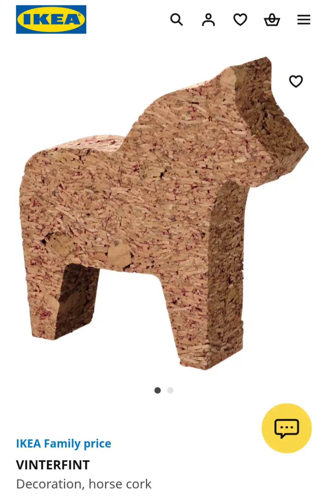 An IKEA product page screenshot showing a horse-shaped decoration made of cork, labeled 'VINTERFINT' with 'IKEA Family…