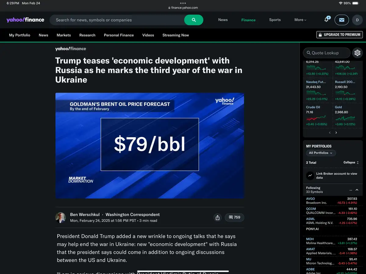 A screenshot of a Yahoo Finance article titled 'Trump teases 'economic development' with Russia as he marks the third year…