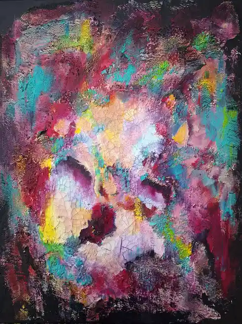 An abstract painting with thick, textured layers of paint in vibrant colors like teal, magenta, yellow, and black, forming a…