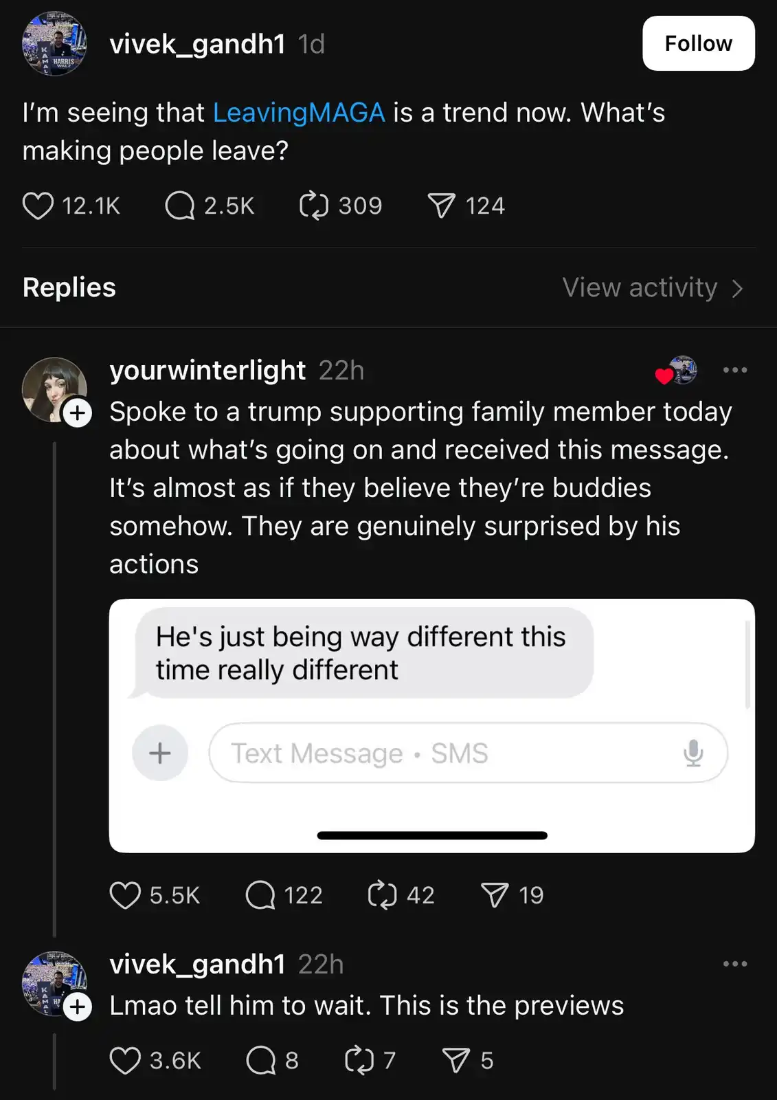 A screenshot of a social media thread shows a user asking what's making people leave MAGA. A reply includes a screenshot of…