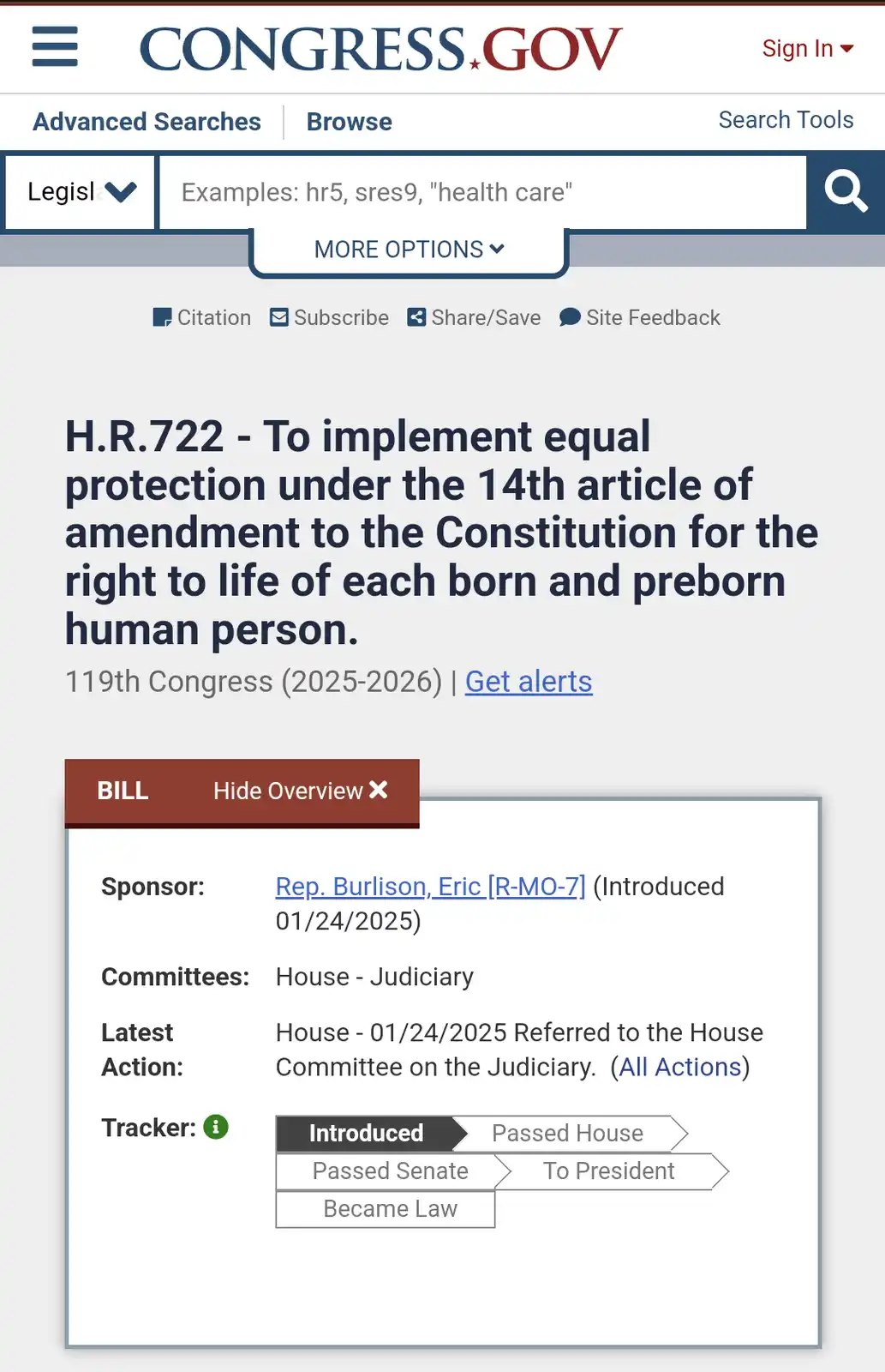 A screenshot of the congress.gov website showing bill H.R.722, which aims to implement equal protection under the 14th…