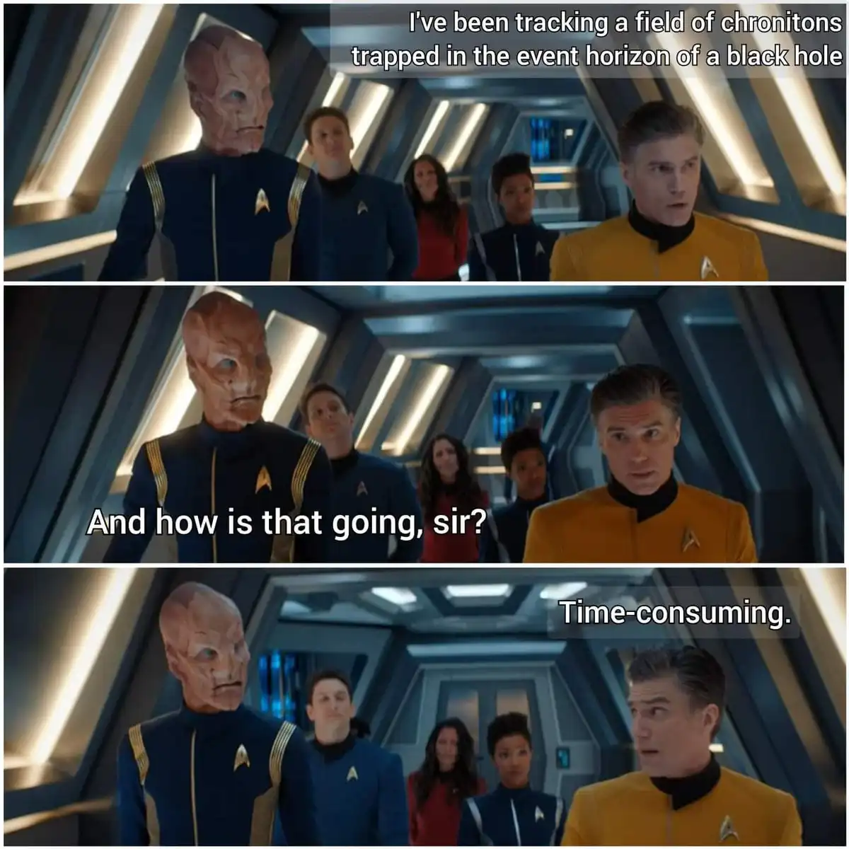 Three panels from a Star Trek scene show a Vulcan officer reporting on tracking chronitons in a black hole's event horizon…
