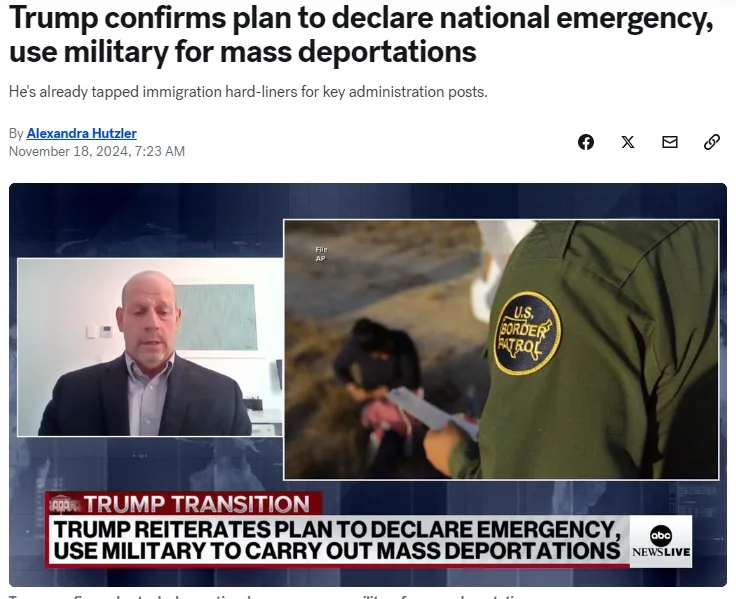 A news screenshot shows a split screen: on the left, a man in a suit speaking, and on the right, a U.S. Border Patrol…