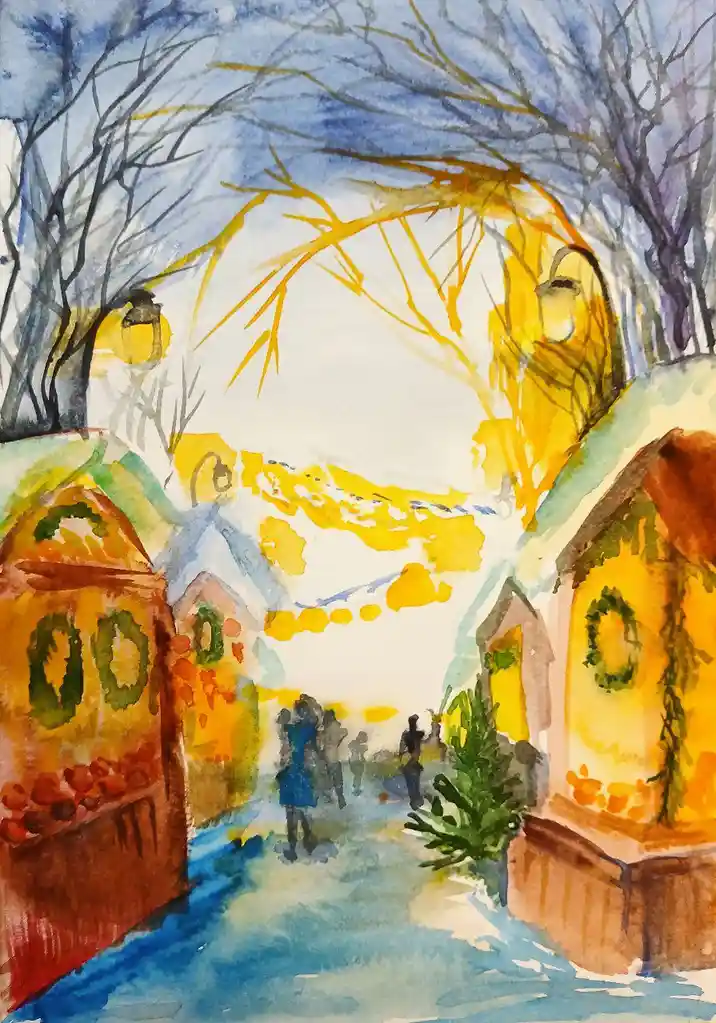 A watercolor painting depicts a festive winter scene with snow-covered ground, bare trees with golden branches, and warmly…
