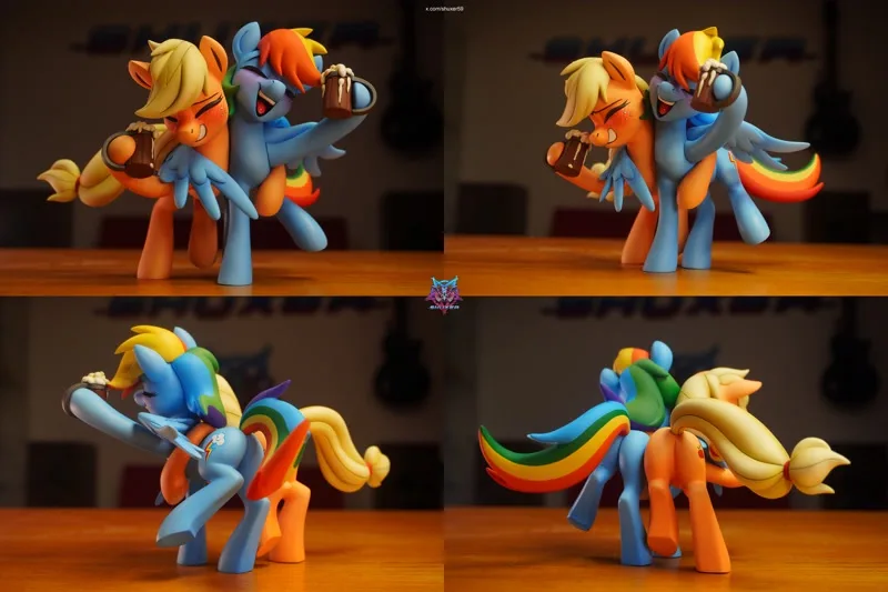 Four images show two My Little Pony figurines, Applejack (orange coat, blonde mane) and Rainbow Dash (blue coat, rainbow…