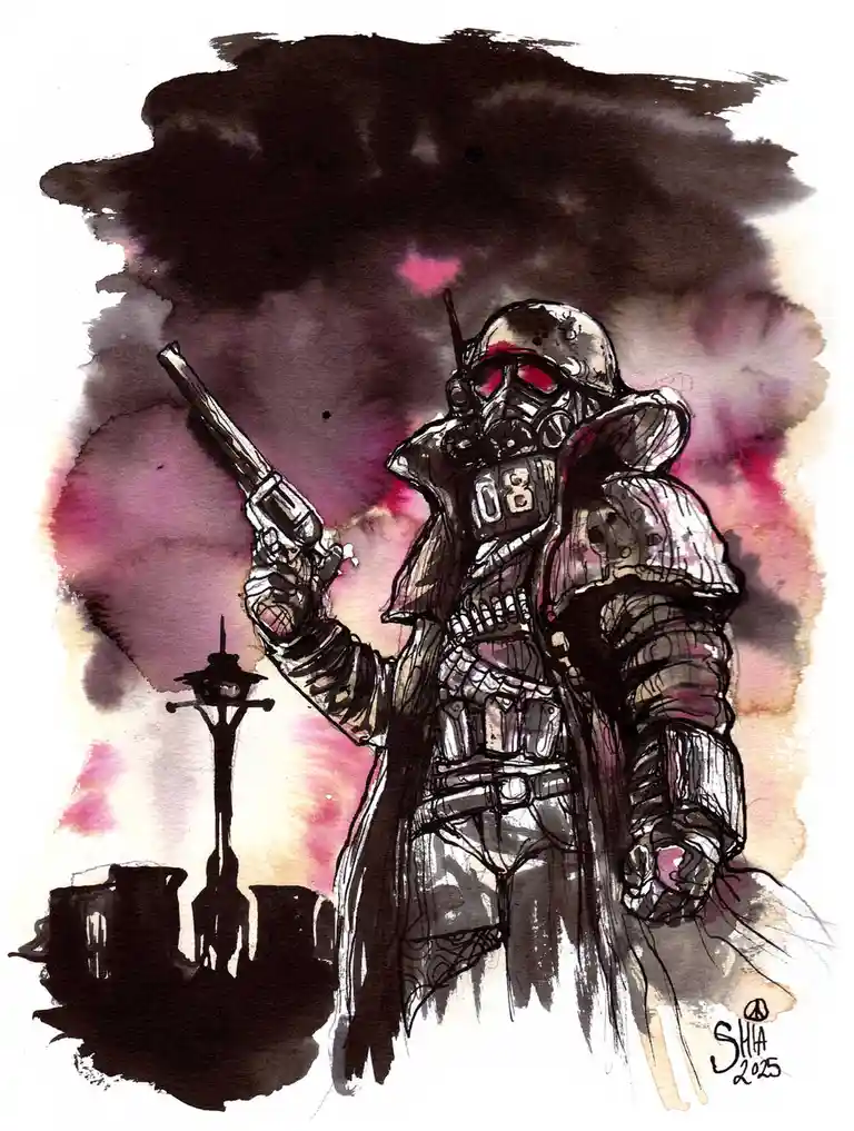 A watercolor illustration depicts a heavily armored, gas-masked figure holding a revolver, standing before a silhouette of…