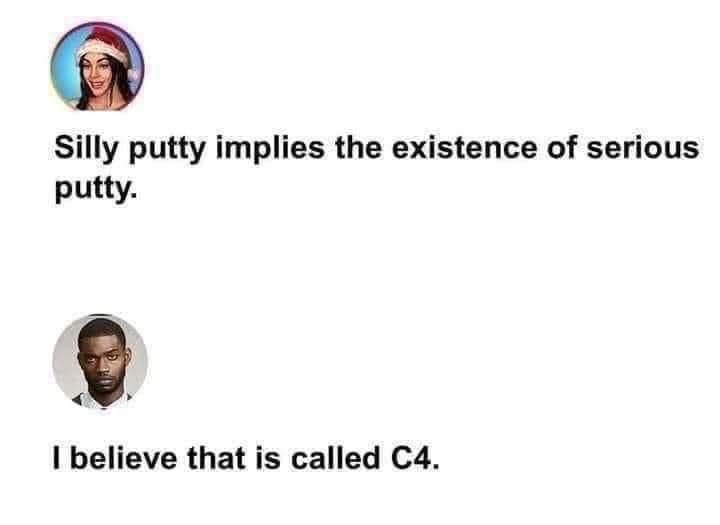 The image shows a two-part meme mimicking a chat. The top part features a woman in a Santa hat with the text 'Silly putty…