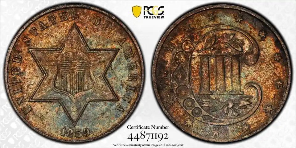 The image displays two sides of a heavily corroded 1859 United States coin, with the obverse showing a star and the reverse…