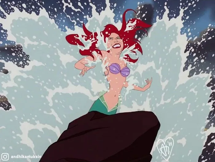 An animated mermaid with red hair and a purple top is shown mid-air, surrounded by crashing ocean waves, with a distressed…