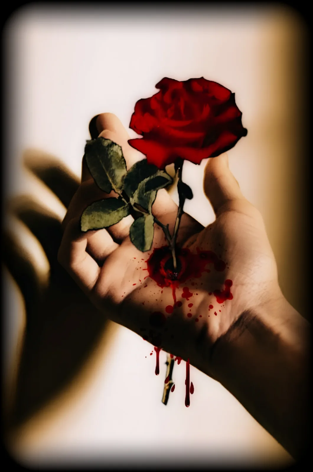 A hand holds a red rose with dark green leaves, but the stem is embedded in the palm, leaking red liquid that resembles…