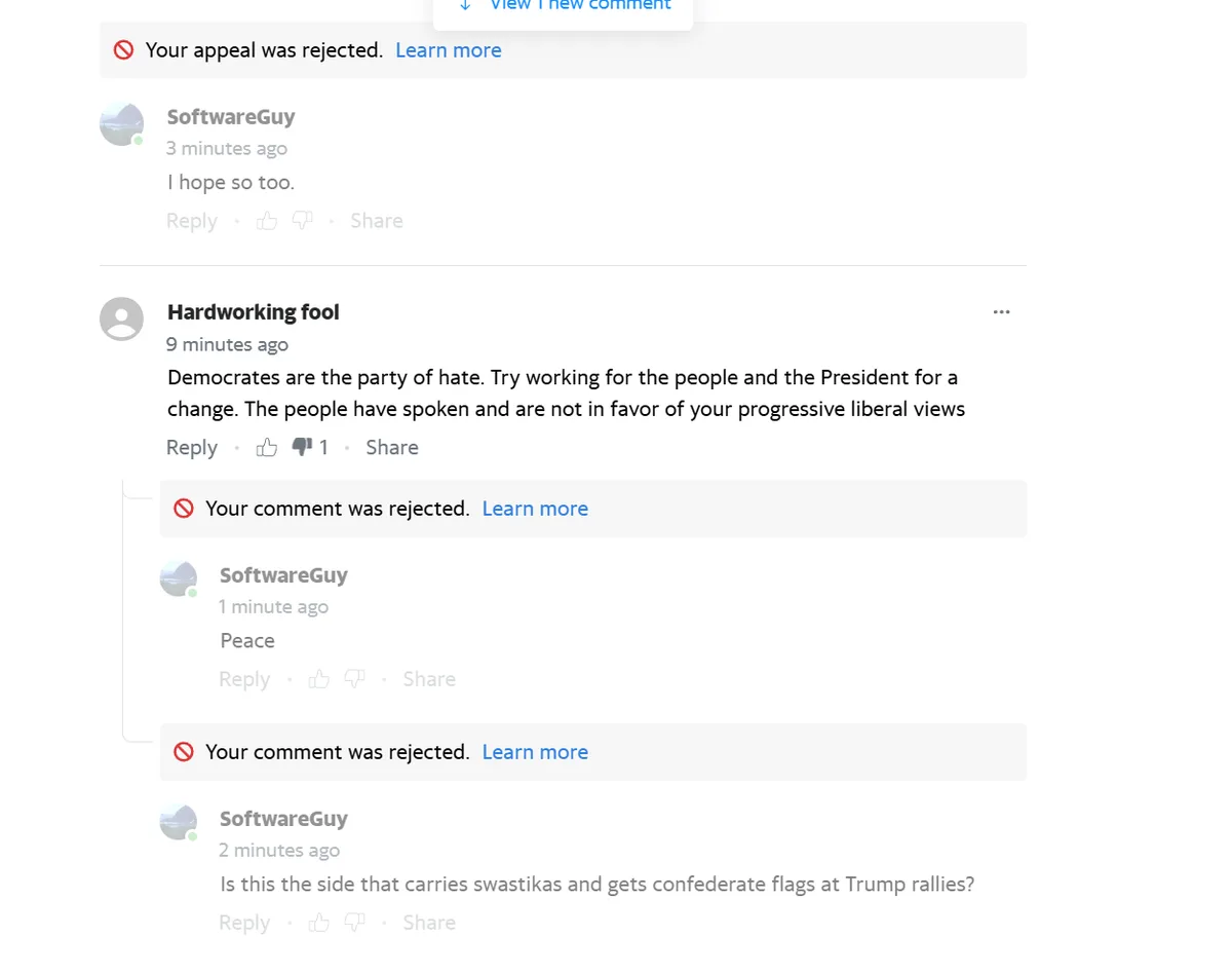 A screenshot of a social media comment section shows a user named 'Hardworking fool' posting a politically charged comment…