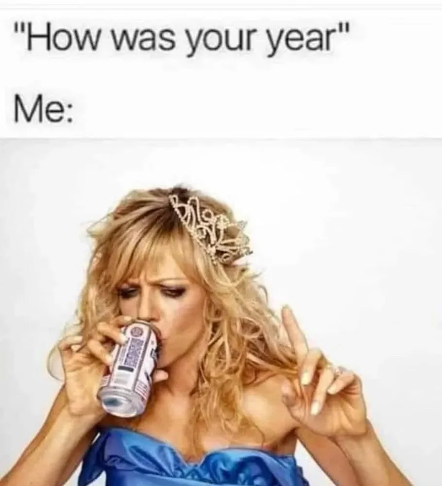 A woman wearing a tiara and a blue dress drinks from a beer can while making a disgusted face, illustrating a negative…
