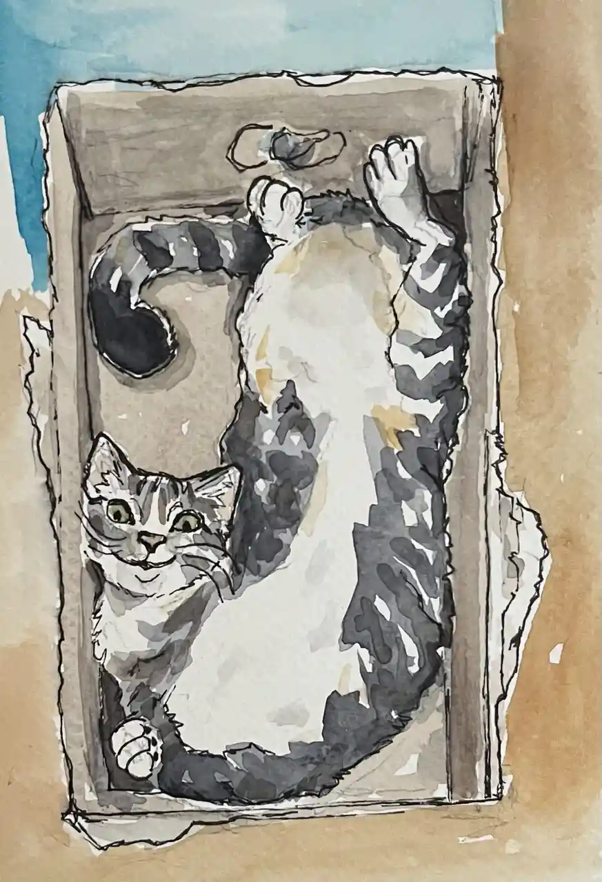 A watercolor illustration shows a tabby cat lying on its back inside a cardboard box, paws up, looking relaxed. The cat has…