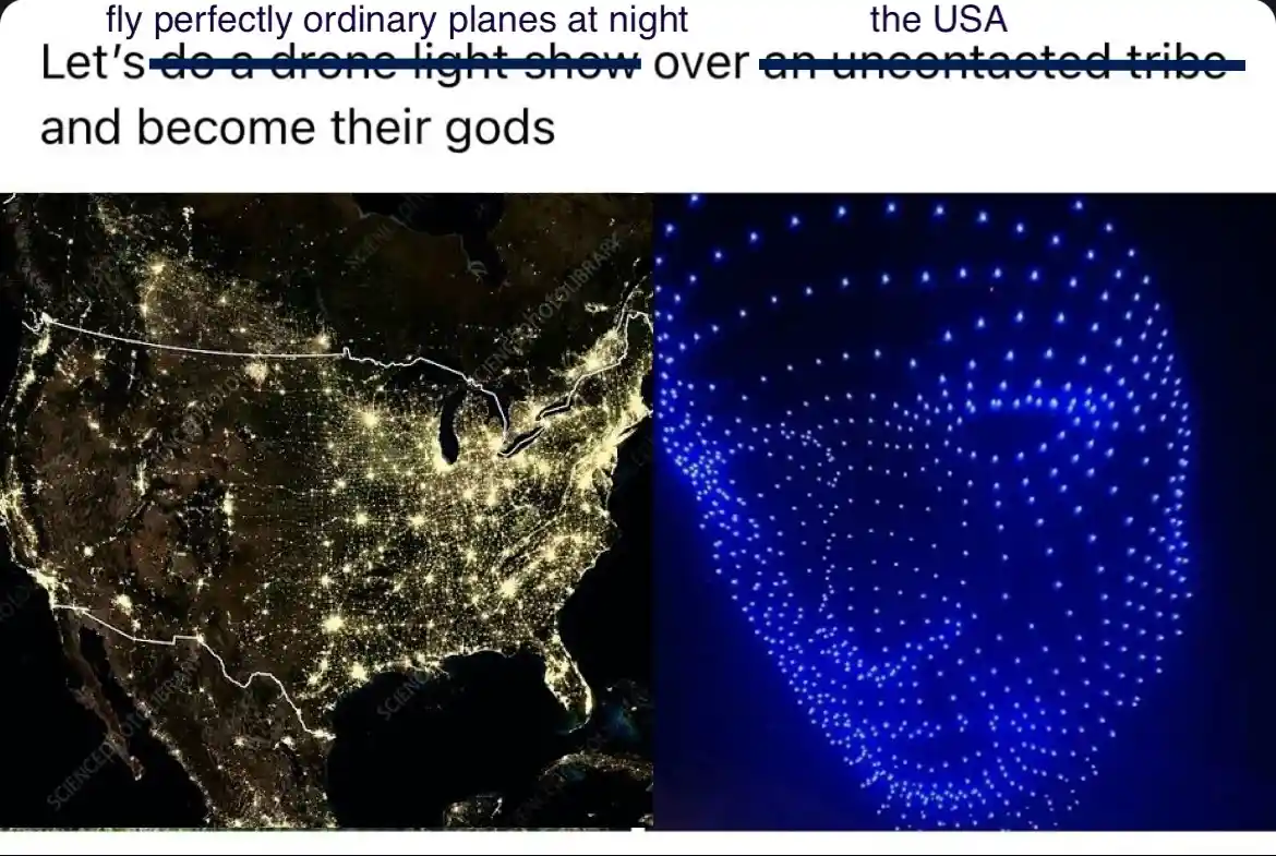 The image displays two side-by-side views of the United States: the left shows a satellite night view of the country's…