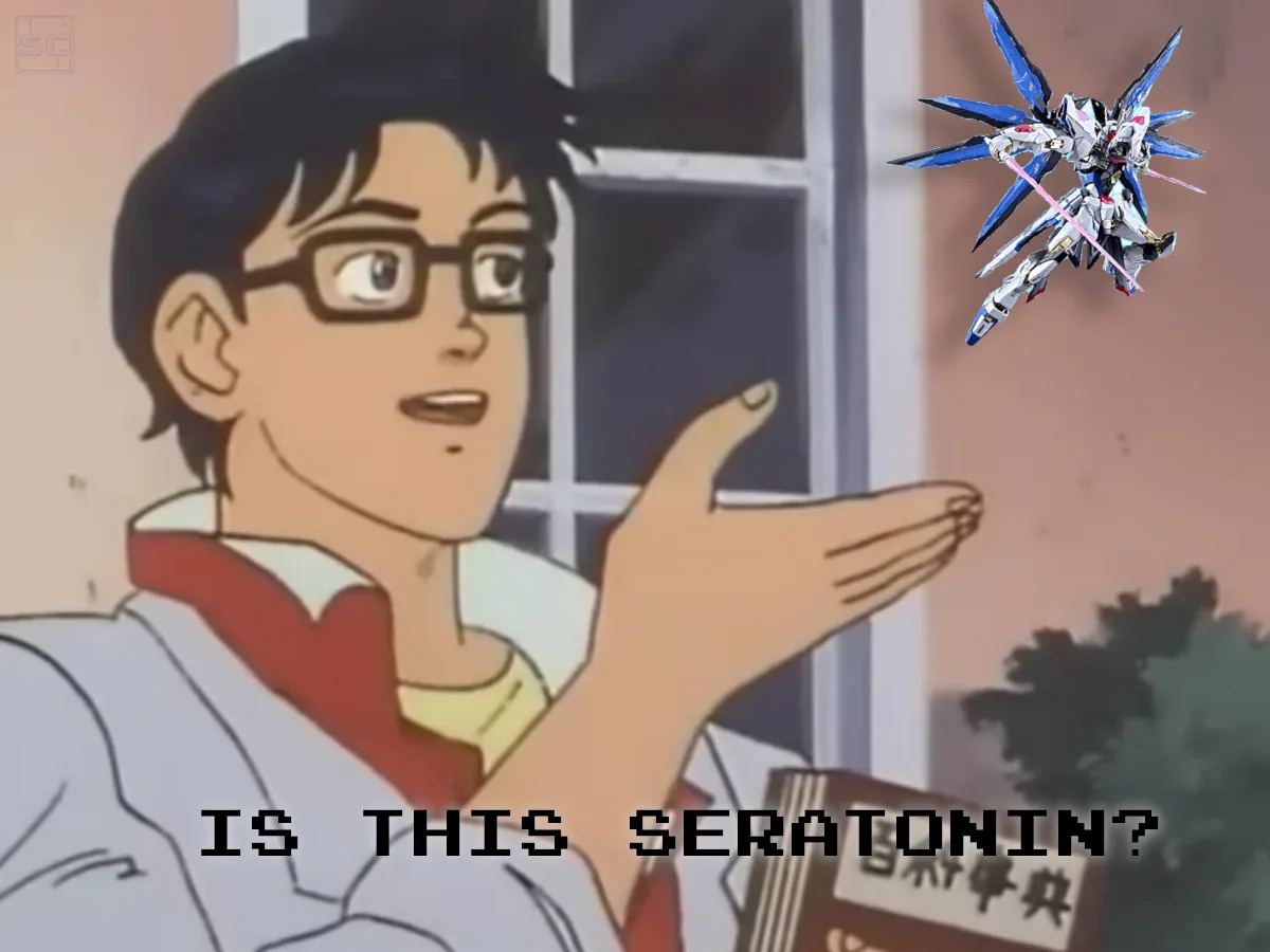 An anime character with glasses and a surprised expression gestures toward a blue and white mobile suit hovering in the air…