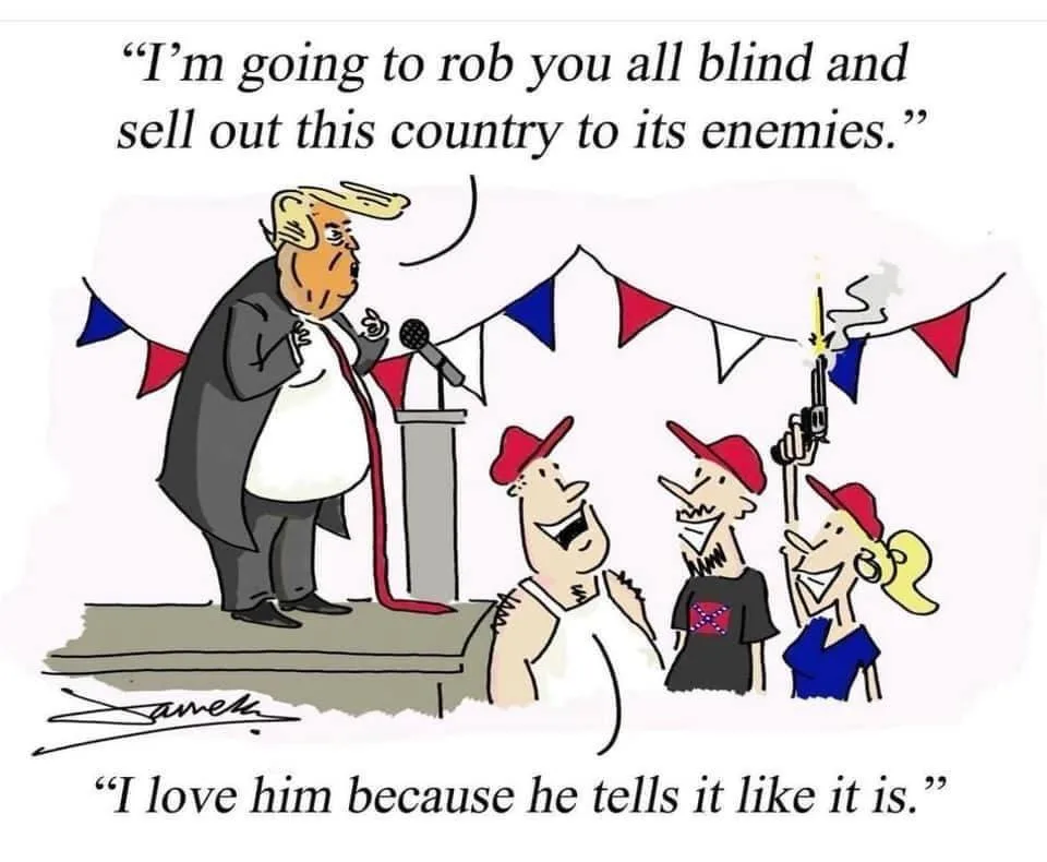 A cartoon depicts a caricature of Donald Trump speaking at a podium with red, white, and blue bunting behind him. He says…