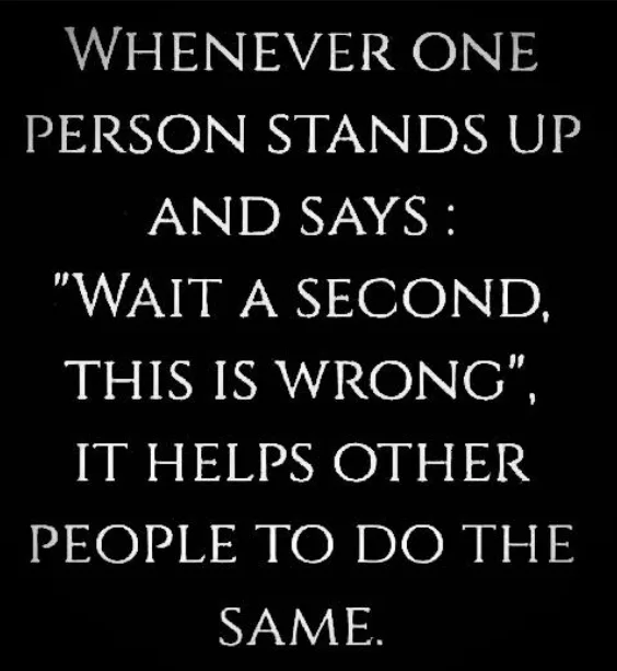 A black background with white serif text that reads: 'WHENEVER ONE PERSON STANDS UP AND SAYS: "WAIT A SECOND, THIS IS…