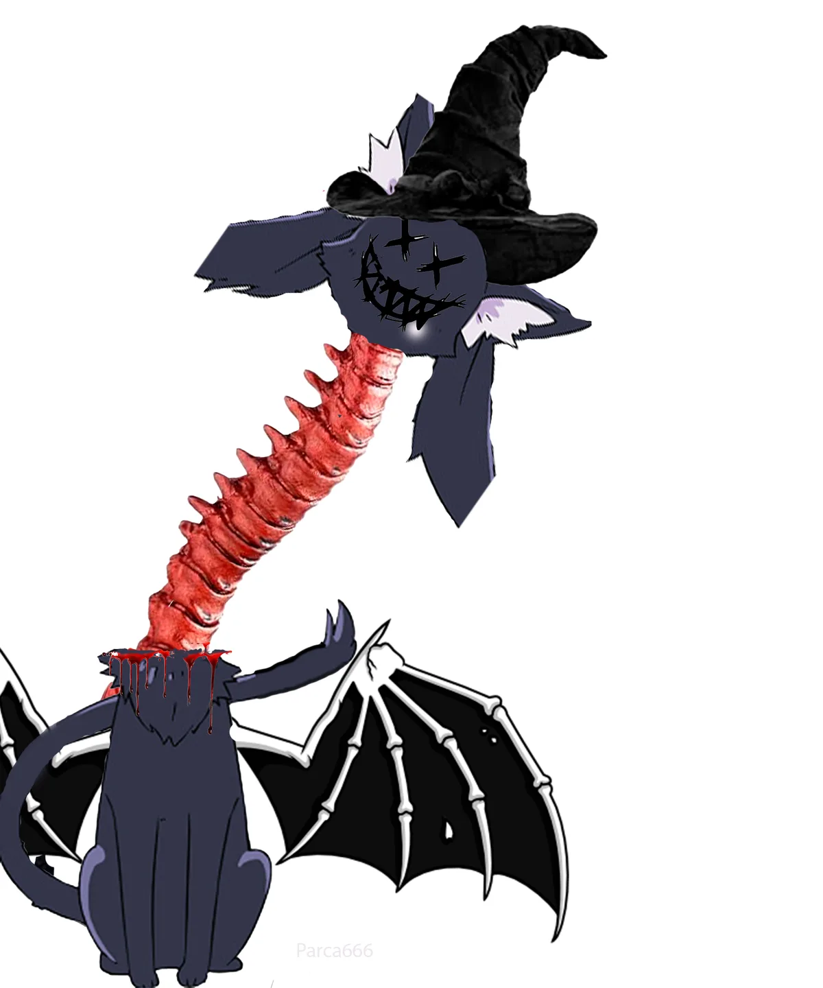 A dark, cartoonish witch with a black pointed hat and a stitched, grinning face is shown with a long, bloody, spiky red…