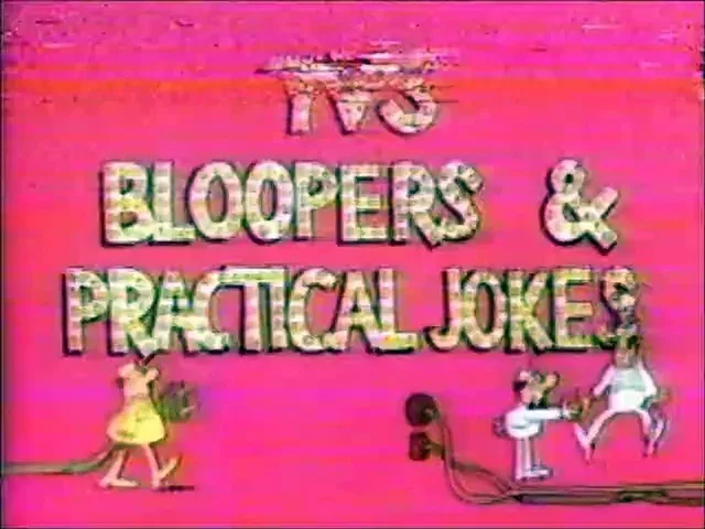 A vintage TV show title card with a bright pink background and pixelated, textured 3D-style text reading 'BLOOPERS &…