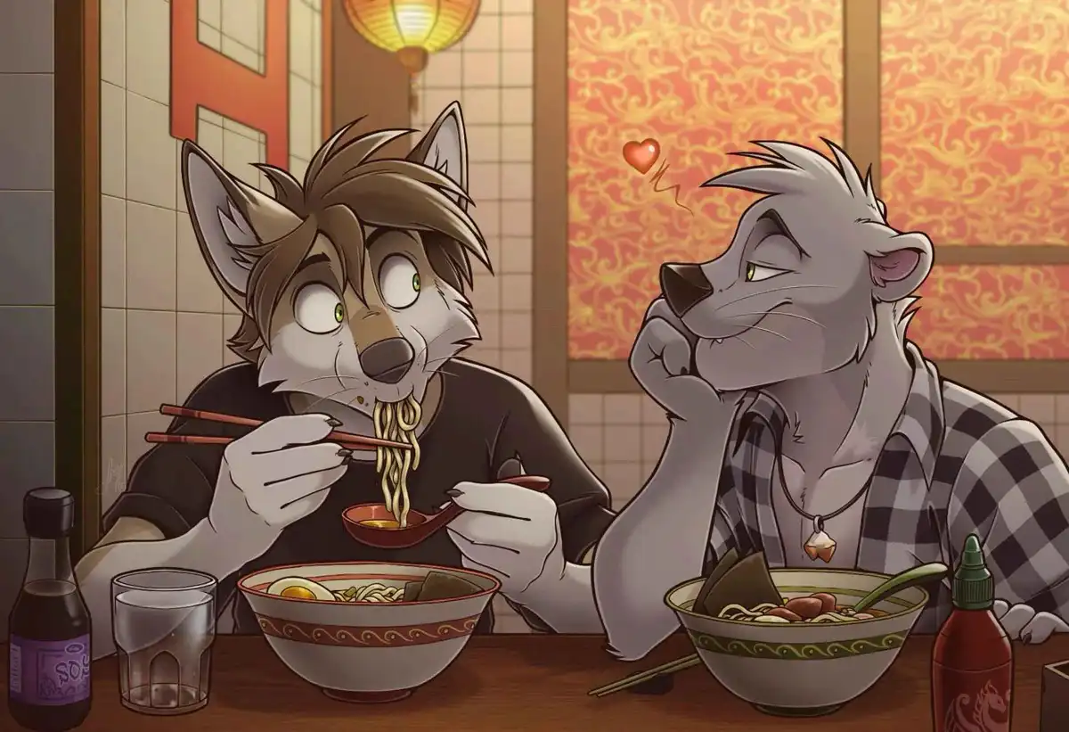 Two anthropomorphic wolf characters sit at a table in a ramen restaurant. The wolf on the left, with brown hair and green…