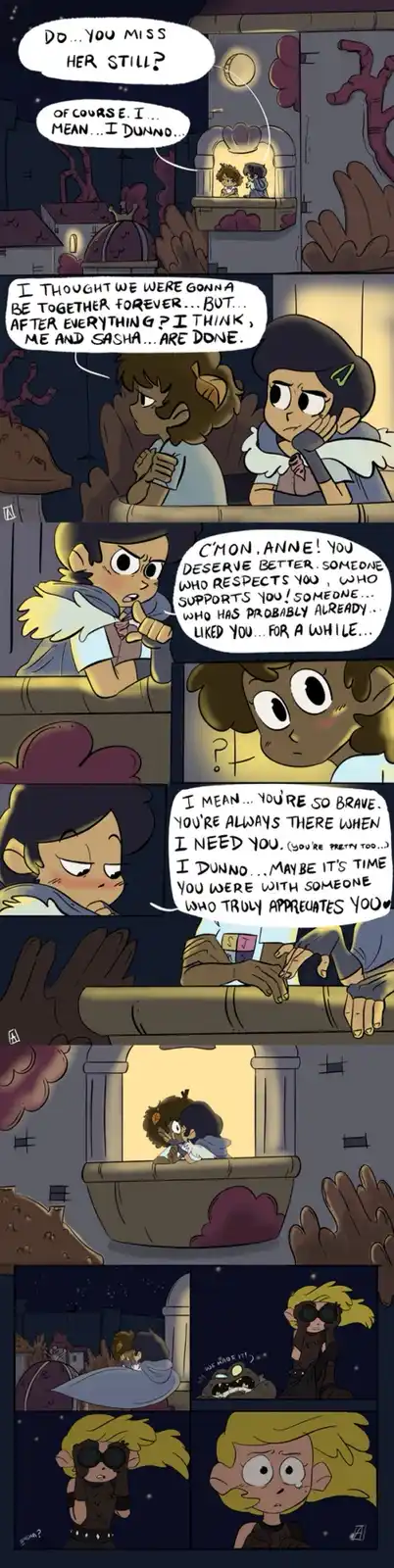 A comic strip featuring two animated characters in a nighttime setting, discussing a breakup. One character, Anne, expresses…