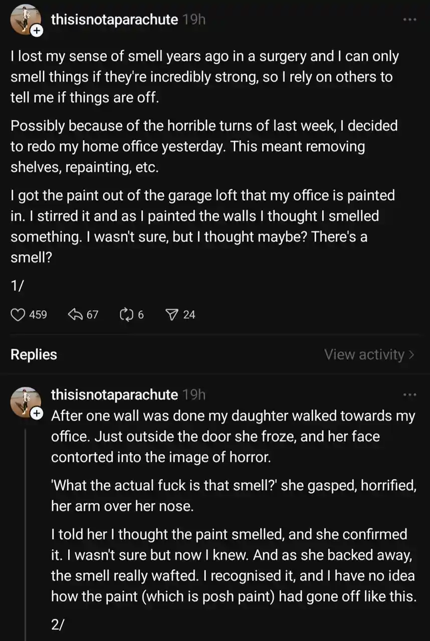 A screenshot of a Reddit post by user 'thisisnotaparachute' detailing a story about losing their sense of smell after…