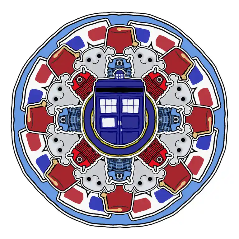 A circular, mandala-style illustration features a central blue police box surrounded by repeating patterns of cute, smiling…