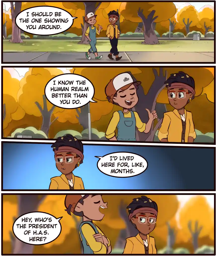 A four-panel comic strip featuring two animated characters walking through an autumnal park. The first character, wearing…