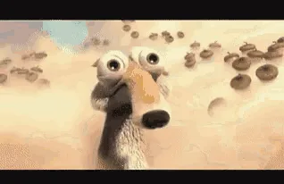 A sequence of six frames from the animated movie 'Ice Age' shows a squirrel character, Scrat, initially looking up at…