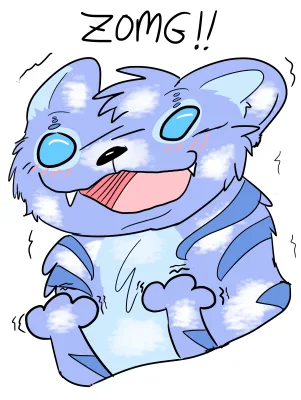 A cartoon blue cat with wide eyes and a big grin, showing teeth and blushing cheeks, has the text 'ZOMG!!' written above its…