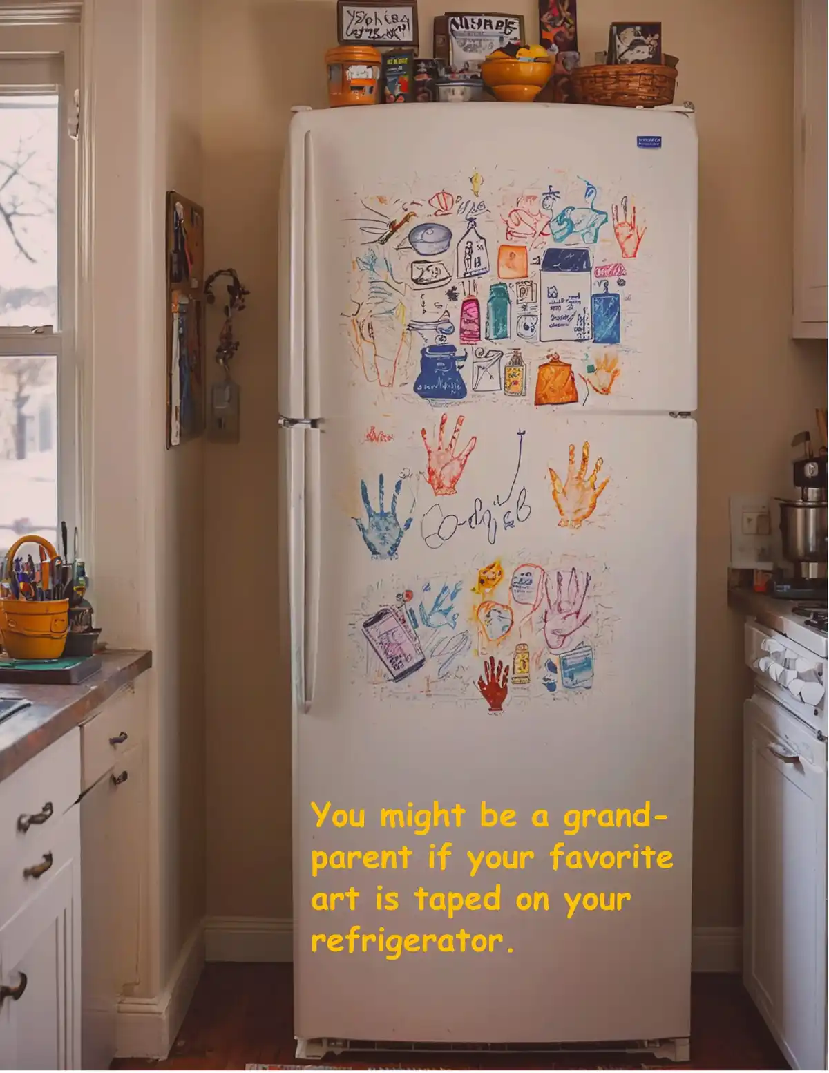 A white refrigerator in a kitchen is covered in colorful childlike drawings and handprints made with crayons or markers. The…