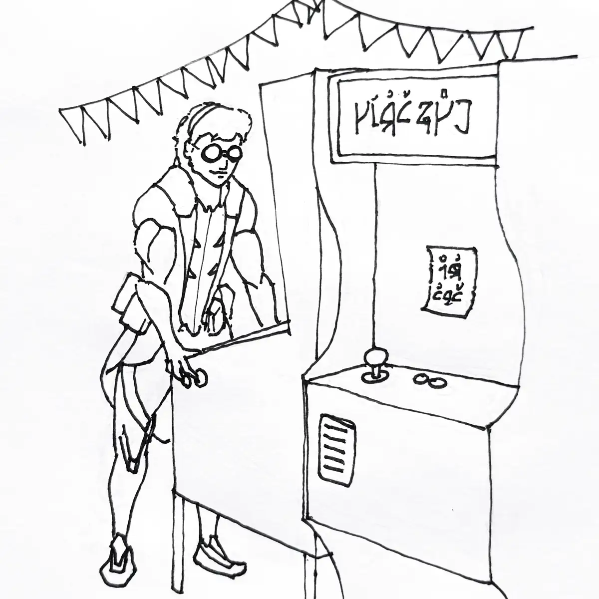 A black-and-white line drawing shows a person in a retro outfit with glasses leaning on a vintage arcade machine. The…
