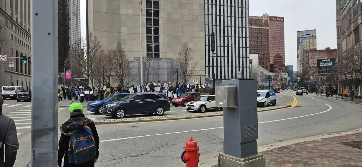 A city street scene with protesters holding signs across the road, cars parked nearby, and a person in a bright green hat…