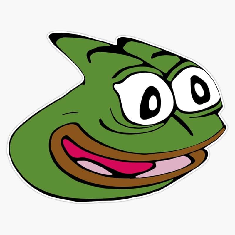 The image shows the iconic green cartoon frog character Pepe the Frog, depicted with large, wide eyes and a wide, toothy…