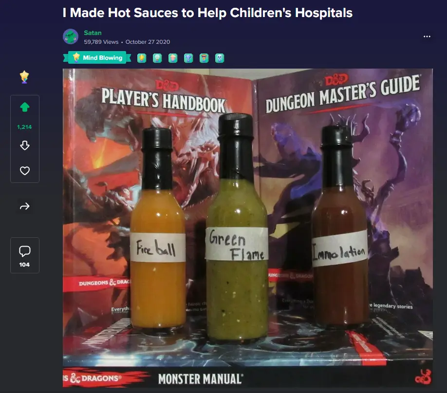 Three homemade hot sauce bottles labeled 'Fireball,' 'Green Flame,' and 'Immolation' sit in front of Dungeons & Dragons…
